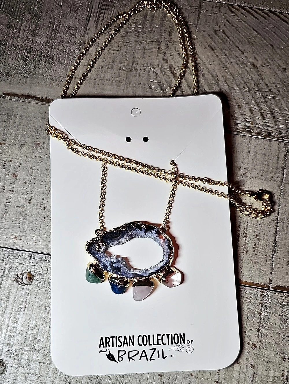 NWT Artisan Collection of Brazil Geode & Chakra Stone Necklace Gold